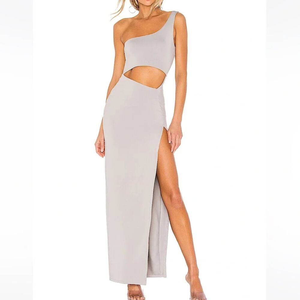 Superdown Erla Light Grey One Shoulder Cutout Maxi Dress w/ Side Slit • Sz M